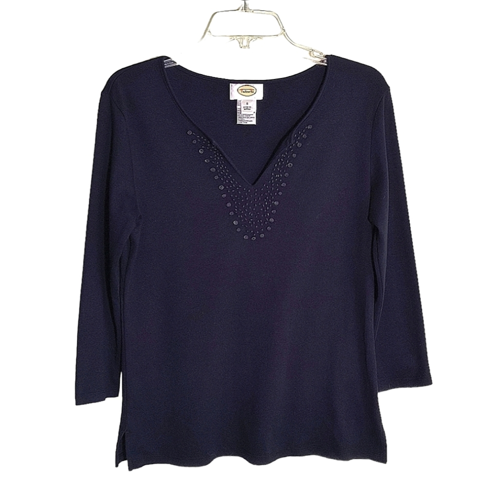 Talbots 100% Cotton 3/4 Sleeve navy blue Embroidered popover knit top sz: S